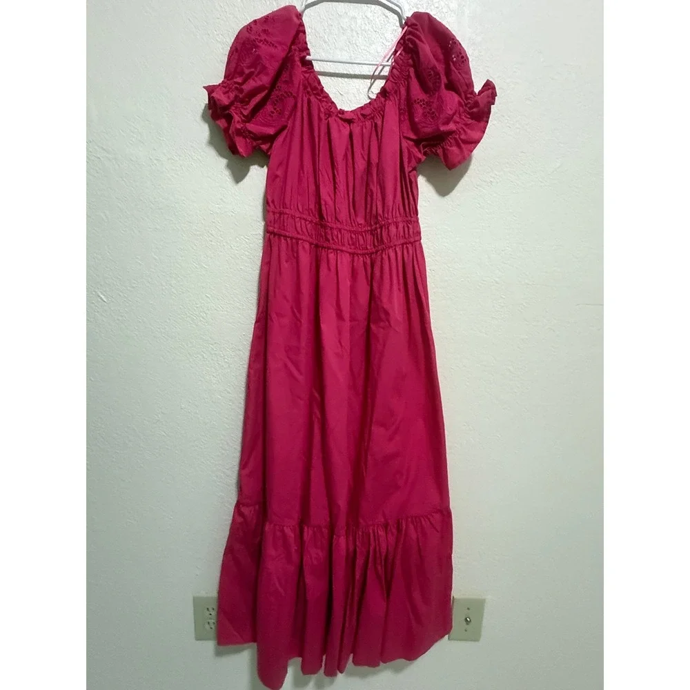 Ashley & Sage Pink Eyelet Puff Sleeve Smocked Tiered Maxi Dress Womens L
